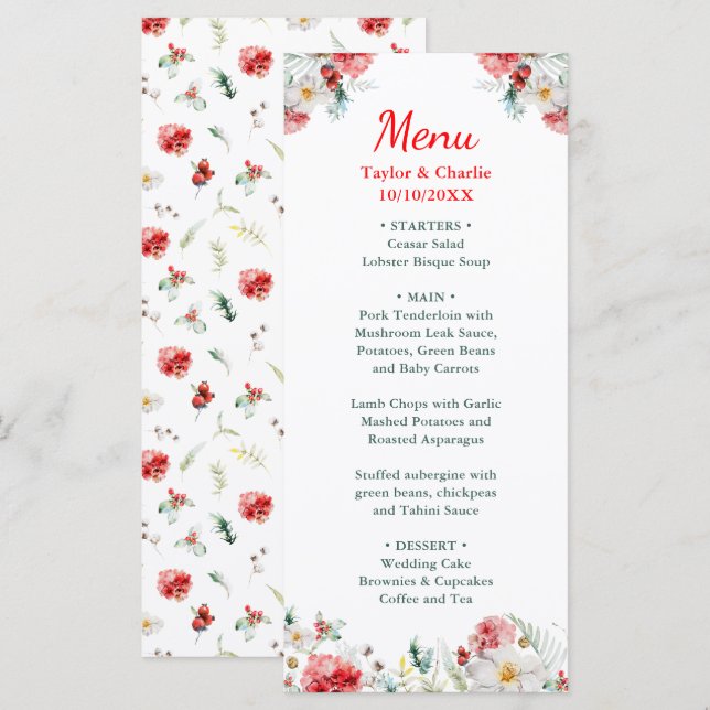 Menú Boda de invierno de elegante flora y vegetación (Anverso / Reverso)
