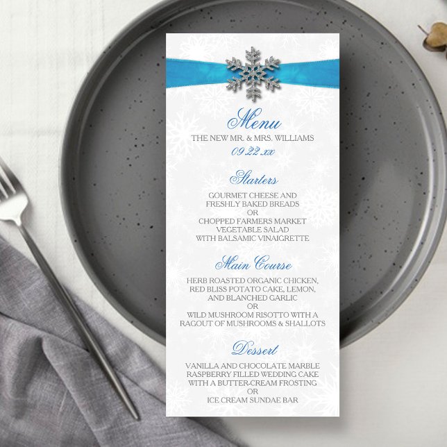 Menú Boda de Invierno Diamante Snowflake & Blue Ribbon (Subido por el creador)
