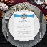 Menú Boda de Invierno Diamante Snowflake & Blue Ribbon<br><div class="desc">La colección diamante de copos de nieve y cinta azul boda es perfecta para cualquier pareja que planee una romántica celebración de bodas de invierno. El diseño presenta un fondo texturado de copo de nieve blanco y gris plateado con un copo de nieve diamante sobre una cinta de aspecto sedoso....</div>