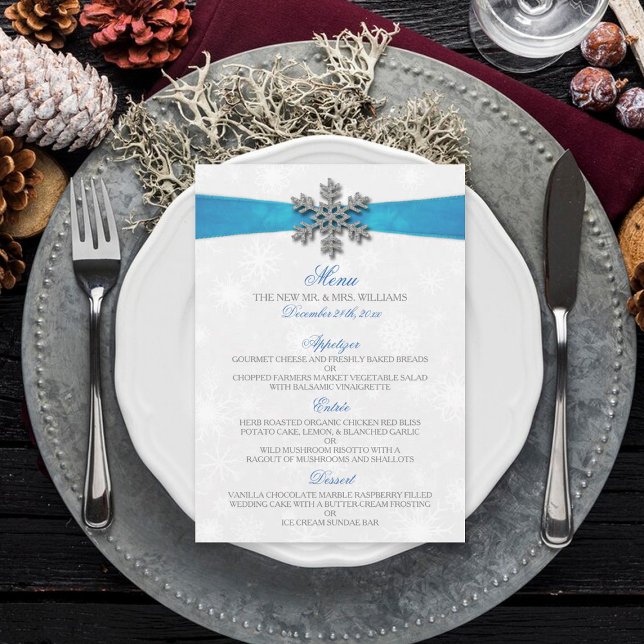 Menú Boda de Invierno Diamante Snowflake & Blue Ribbon (Subido por el creador)