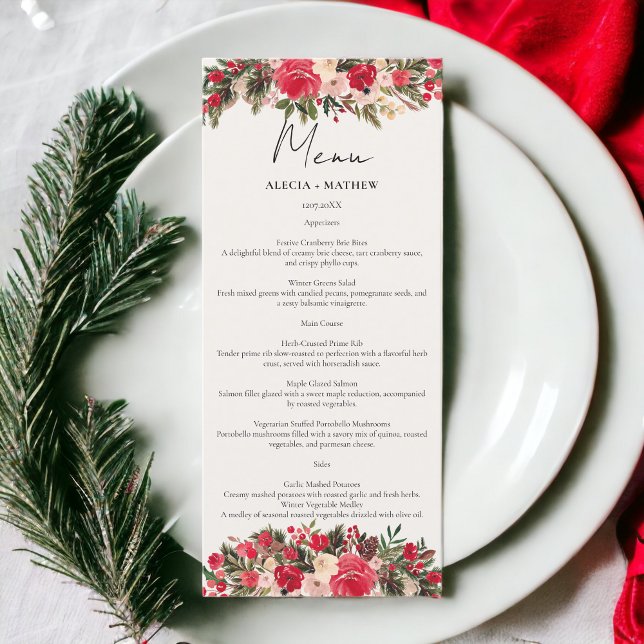 Menú Boda de Invierno Rústica Verde Rojo (Rustic Red green Floral Winter Wedding Menu)