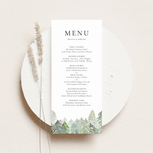 Menú Boda de Invierno Watercolor Snowy Evergreen Woodla (Customizable menu card featuring a snowy watercolor pine forest, ideal for winter weddings & events.)