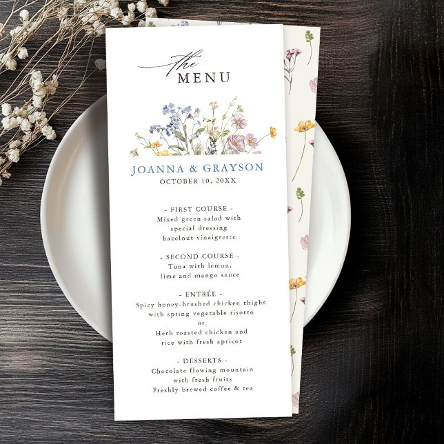 Menú Boda de jardín de flores silvestres de primavera c (Colorful Spring Wildflower Meadow Garden Wedding Menu)