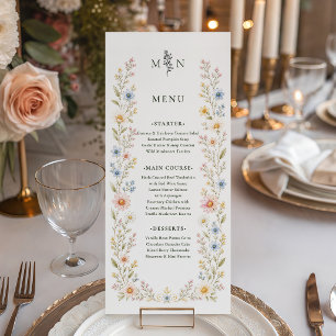 Menú Boda de jardín floral con acuarela de flores silve
