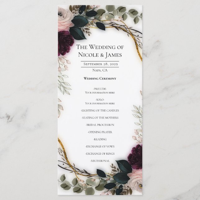 Menú Boda de jardín floral de ciruela terciopelo  (Anverso)