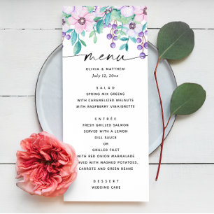 Menú Boda de jardín floral rosa púrpura acuarela