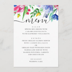 Menú Boda de jardín floral rosa y azul acuarela