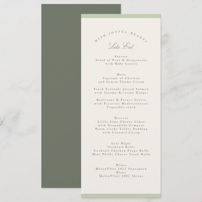 Menú Boda de Jardín Suave de Pistacho (Anverso / Reverso)