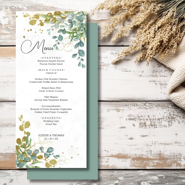 Menú Boda de la acuarela del eucalipto verde y dorado (Subido por el creador)
