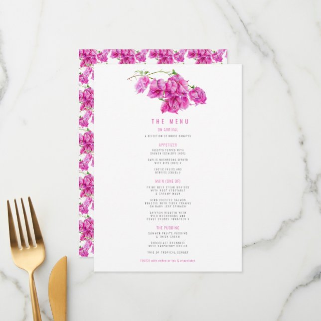 Menú Boda de la acuarela púrpura rosa buganvillas (Anverso/Reverso In Situ)