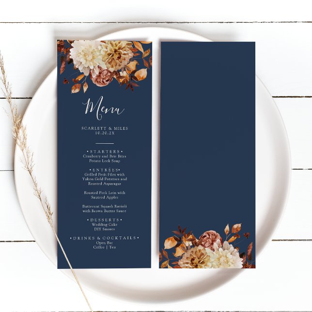 Menú Boda de la Caída Azul de la Marina (Navy Blue Autumn Floral Wedding Menu by Painted Paperie
)