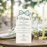 Menú Boda de la cinta retro Verde azulada dibujada a ma<br><div class="desc">Diseño de boda de estilo retro dibujado a mano en verde azulado oscuro con arco de cinta emparejado con letras a mano y serif vintage en el fondo de papel envejecido.</div>