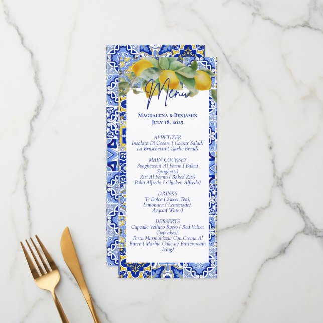 Menú Boda de la costa italiana de azulejos azules de Le (Anverso/Reverso In Situ)