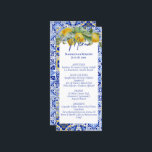 Menú Boda de la costa italiana de azulejos azules de Le<br><div class="desc">Diseño de inspiración mediterránea con azulejos de estilo costero de Amalfi azul y amarillo brillante con limones pintados en color agua y marco de arcos de imitación de purpurina dorado.</div>
