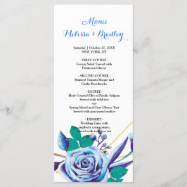 Menú Boda de la flora azul del marco de oro geomét