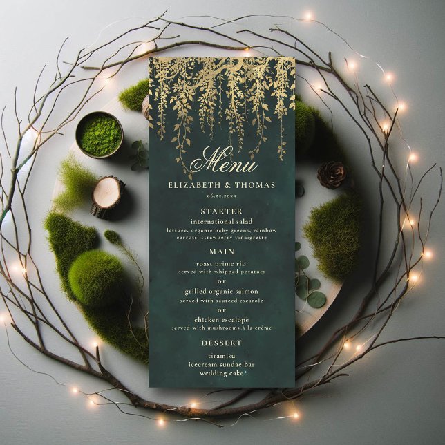 Menú Boda de la Foliage de Oro Mágico del bosque e (wedding menu card enchanted forest fairytale gold vines calligraphy)