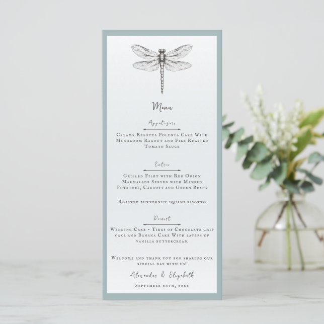 Menú Boda de la libélula verde azulada (Anverso de pie)