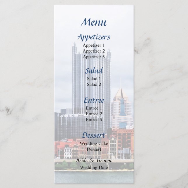 Menú Boda de la línea aérea de Pittsburgh PA (Anverso)