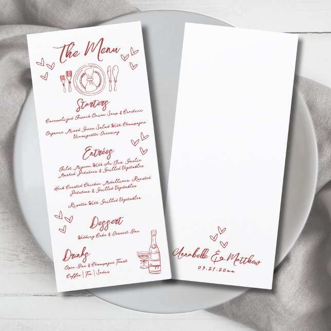 Menú Boda de la Mano dibujada por la rojo francesa (Hand Draw French Red Whimsical Wedding Menu)