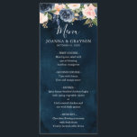 Menú Boda de la Marina Azul Rubor Rosa Rosa Boho<br><div class="desc">La hermosa carda de menú boda de boho floral presenta gráficos florales de acuarela pintados a mano / rosas en ricos tonos azul marino y rosa / melocotón rubio y un encantador tipo de letra con letras a mano. Comuníquese conmigo para obtener ayuda sobre la personalización o si necesita cualquier...</div>
