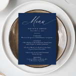Menú Boda de la Marina de caligrafía moderna y elegante<br><div class="desc">En la carta boda, la palabra "Menú" se presenta en una elegante caligrafía blanca sobre un fondo marino de moda, con un toque moderno y sofisticado en la recepción. Personalizar el menú con sus nombres, fecha de boda y opciones de comida en negrita con letras blancas para una experiencia personal...</div>