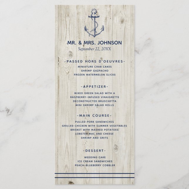 Menú Boda de la Marina Náutica de la Marina Rustic Wood (Anverso)
