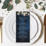 Menú Boda de la Marina Rustic Wood String Lights<br><div class="desc">Disfrute de su boda en otoño con este rústico menú boda. Diseño elegante y otoñal con luces de cuerda y madera azul marino encima. Estos menús de otoño son perfectos para un boda de temas al aire libre,  campestre o natural.</div>