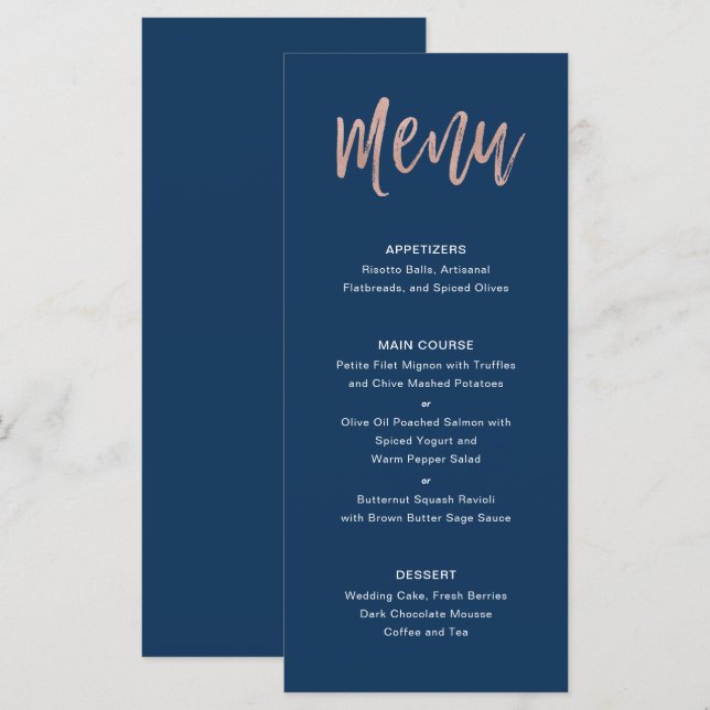 Menú Boda de la Moda de los glam azul marino y Ros (Anverso / Reverso)