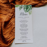 Menú Boda de la Palm Tropical Salvaje<br><div class="desc">Esta carta de menú de cena boda de palma tropical silvestre es perfecta para una boda en la playa o en el destino. El diseño presenta una exótica variedad de hojas de plátano de palmera de color agua verde, helechos, follaje, plantas botánicas y vegetación para un ambiente tropical de verano....</div>