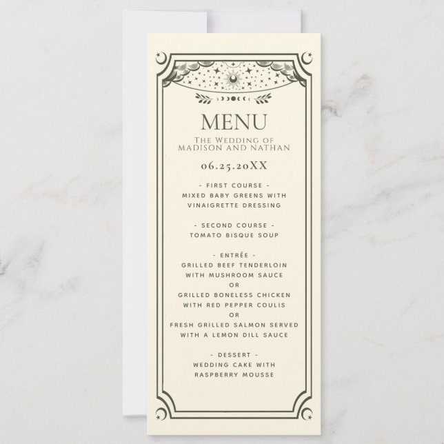 Menú Boda de la tarjeta Tarot elegante de olivo (Anverso)