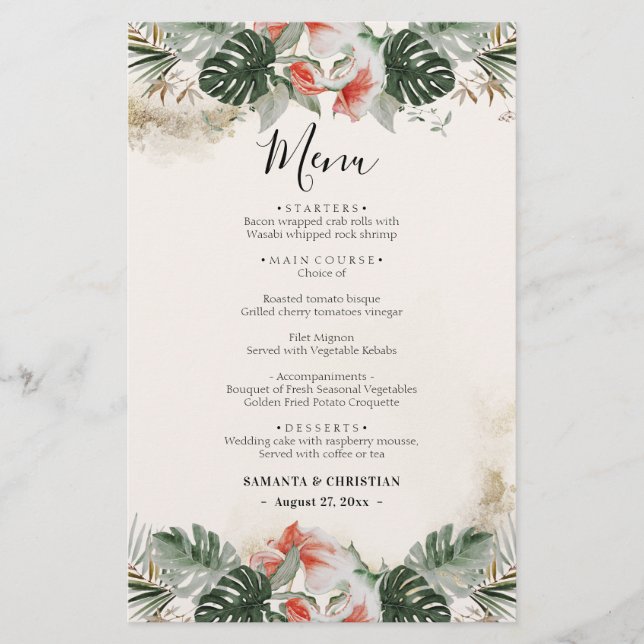 Menú Boda de la vegetación de la palma tropical de (Frente)