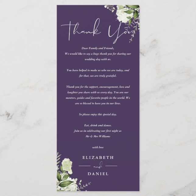Menú Boda de la vegetación púrpura Gracias por colocar  (Anverso)