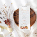 Menú Boda de las calabazas de otoño modernas<br><div class="desc">Modern Autumn Pumpkins Florals Boda. Las calabazas de naranja y crema y los florales de colores otoñales están en la parte inferior con un color de coordinación en la parte posterior,  con un elegante guión para Menú y fácil de personalizar el resto del texto a sus necesidades.</div>