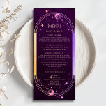 Menú Boda de las Estrellas de Luna de Sol místico con c<br><div class="desc">Las Misíticas Estrellas del Sol de la Luna de Plomo Profundo del Arcoiris Astronomía Celestial Galaxy Cosmic Wedding Cards con un sol, luna y estrellas de color arcoiris enmarcadas en un fondo de ciruela profunda con detalles del menú en el centro en un guión moderno de caligrafía de melocotón. Personalice...</div>