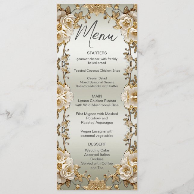 Menú Boda de las Flores Blancas Ornadas Doradas (Anverso)