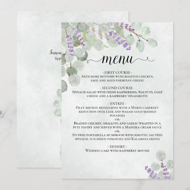 Menú Boda de las hojas de eucalipto y lavanda (Anverso / Reverso)