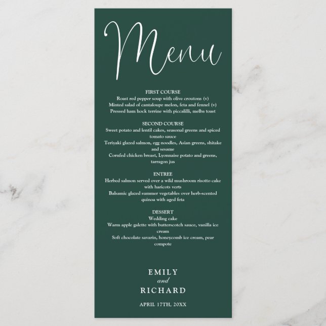 Menú Boda de letra caligráfica verde esmeralda (Anverso)