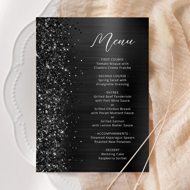 Menú Boda de letra manuscrita con brillo Glam negro (Subido por el creador)