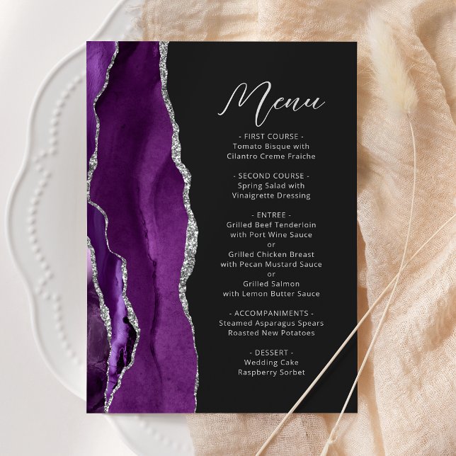 Menú Boda de letra moderna de plata ágata púrpura (Subido por el creador)