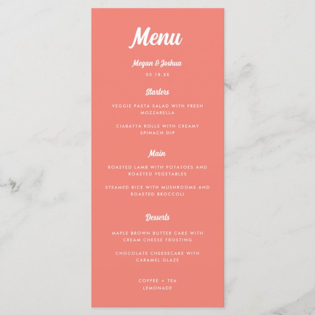 Menú Boda de letra script moderna rosa coral (Anverso)