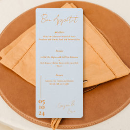 Menú Boda de letras azul y naranja turbio