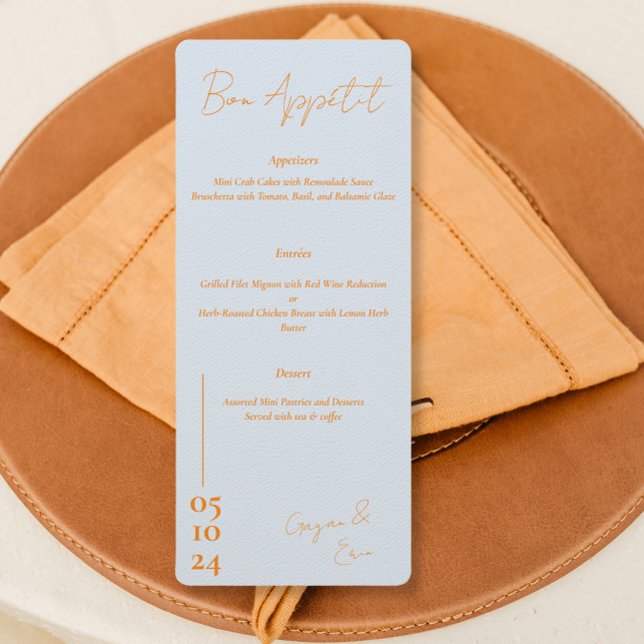 Menú Boda de letras azul y naranja turbio (Subido por el creador)