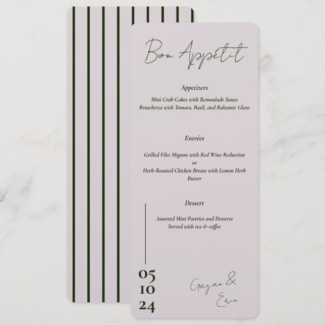 Menú Boda de letras rosas y verdes polvorientas (Anverso / Reverso)