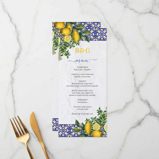 Menú Boda de limón azul blanco amarillo mediterráneo (Anverso/Reverso In Situ)