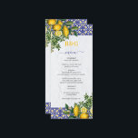 Menú Boda de limón azul blanco amarillo mediterráneo<br><div class="desc">Baldosas mediterráneas y limones de diseño boda con un fondo de pared blanco de estilo mediterráneo. Un diseño boda con temática mediterránea que utiliza ilustraciones acuáticos de azulejos azules, blancos y amarillos y limones para crear un elegante diseño boda de verano. Un encantador destino de verano español, griego, italiano o...</div>