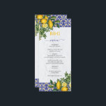 Menú Boda de limón azul blanco amarillo mediterráneo<br><div class="desc">Baldosas mediterráneas y limones de diseño boda con un fondo de pared blanco de estilo mediterráneo. Un diseño boda con temática mediterránea que utiliza ilustraciones acuáticos de azulejos azules, blancos y amarillos y limones para crear un elegante diseño boda de verano. Un encantador destino de verano español, griego, italiano o...</div>