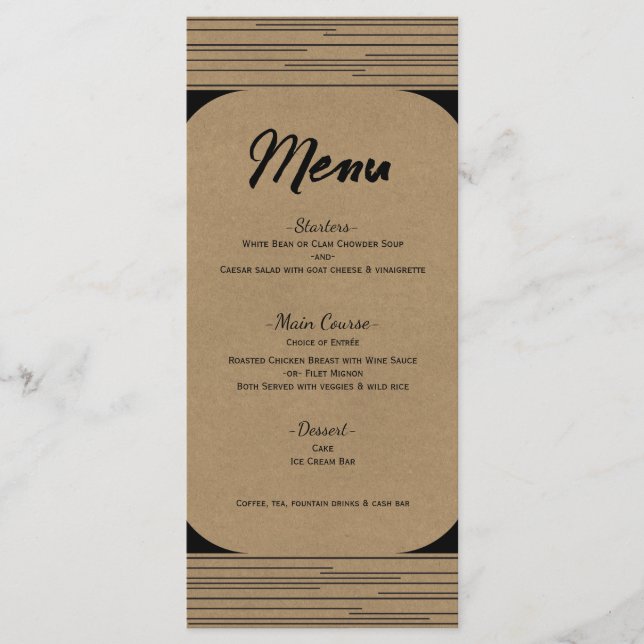 Menú Boda de líneas modernas mínimas de Kraft negr (Anverso)