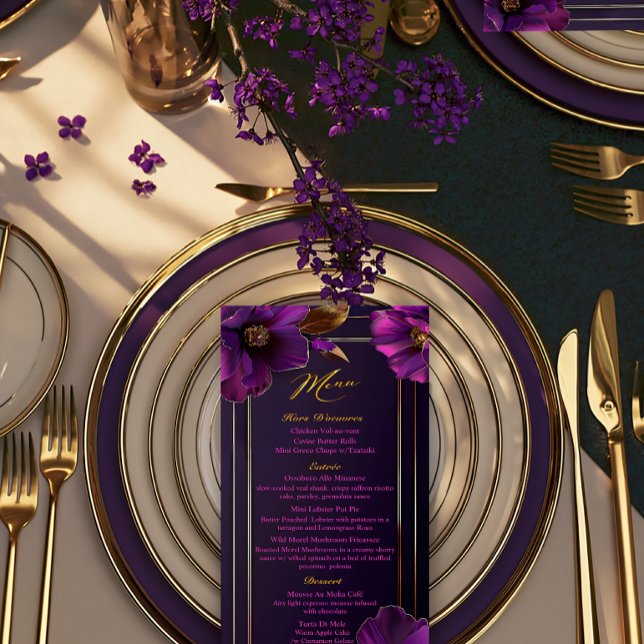 Menú Boda de Lujo Floral Violeta Luminoso Violetas (Chic Floral Luminous Violets Purple Wedding Menu )