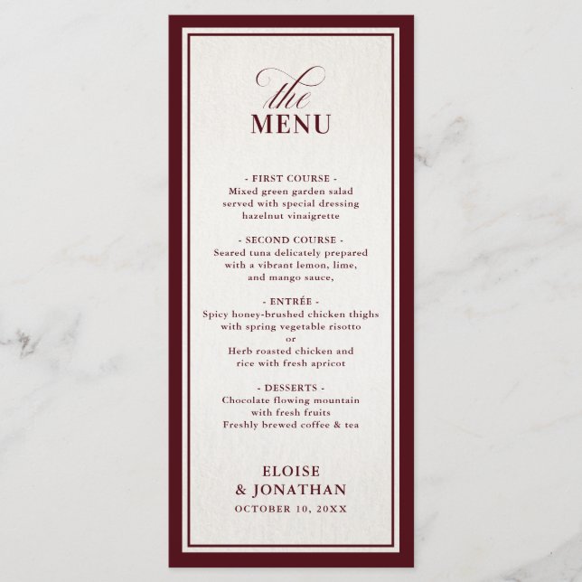 Menú Boda de Lujo Moderna Formal Burgundy Dinero Antigu (Anverso)