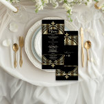 Menú Boda de Luxury Gold Black Art Deco Roaring 20s<br><div class="desc">Glam, Vintage Art Deco Gran Gatsby de diseño. Presenta un estilo Art Déco con un Relieve metalizado dorado falso, adornos y divisores, magníficas fuentes vintage; en la parte posterior: patrón oro Art Deco sobre fondo negro. Utilice la herramienta Personalizar para agregar su información. Para ver los artículos coincidentes, por favor,...</div>